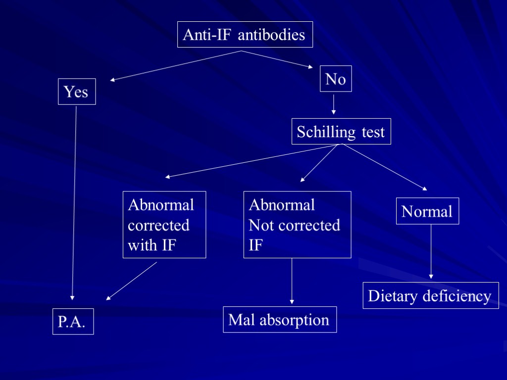 Anti-IF antibodies Yes P.A. No Schilling test Abnormal corrected with IF Abnormal Not corrected
